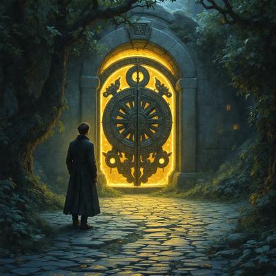 The primary subject of the image is a man standing in front of a large, ornate door. The door is adorned with a large, circular design, and the man appears to be looking at it. The setting is a forest, with trees visible in the background. The visual style of the image is digital art, and the dominant colors are dark and earthy tones, creating a moody atmosphere.